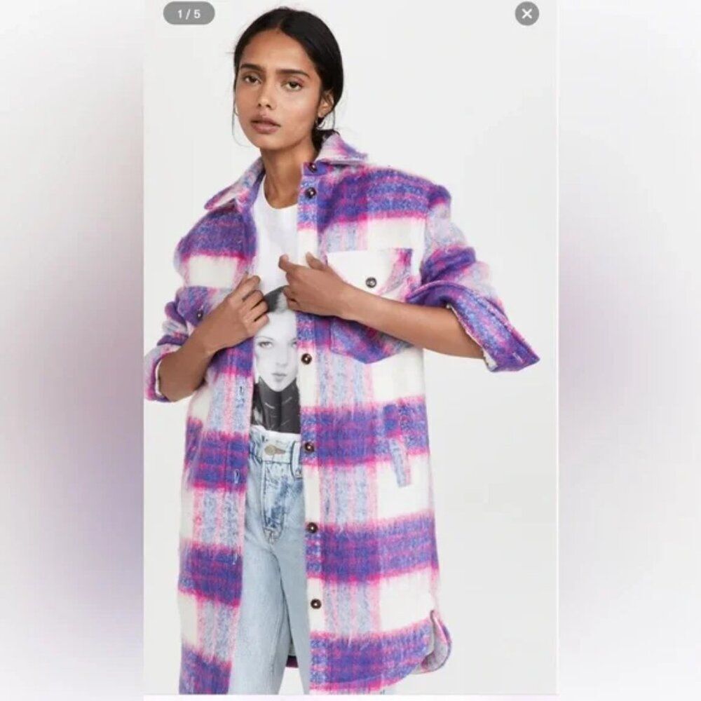 NWT Blank NYC Prime Time Blue Multi Plaid Brushed Long Shacket Sz XS